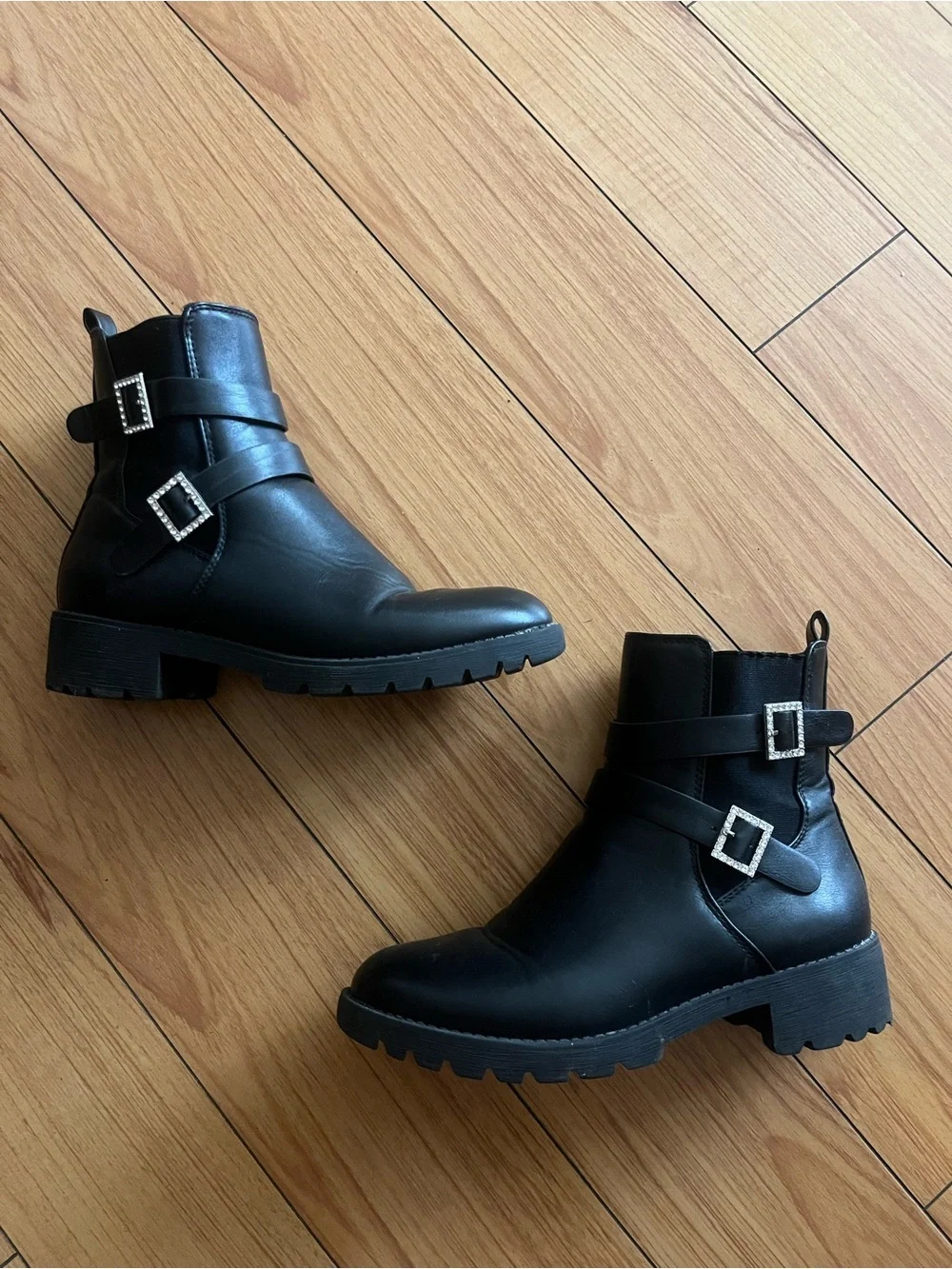 Elditas Stella Black Rhinestone Buckle Moto Ankle Boots Lug Sole Womens